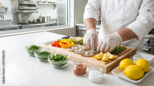 Professional chef wearing gloves preparing fresh vegetables and ingredients on a wooden cutting board in a restaurant kitchen