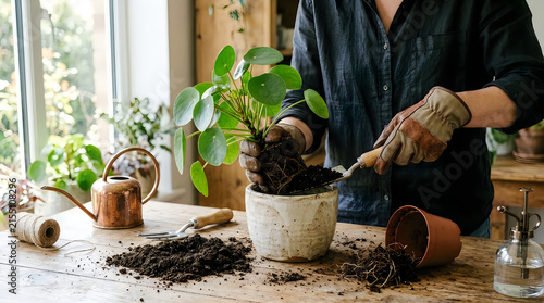 Person wearing gardening gloves repotting a small green houseplant into a ceramic pot on a wooden table