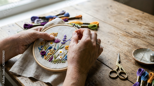 Close up of a person hands embroidering a colorful floral pattern on fabric using a wooden hoop