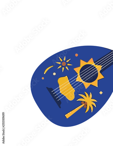 Blue acoustic guitar with sun and palm tree decorations.