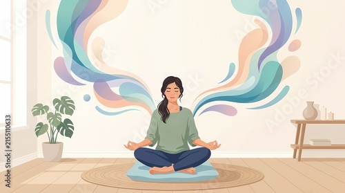 Young woman practicing mindfulness and meditation at home.