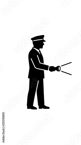 Silhouette of a security guard holding a flashlight.