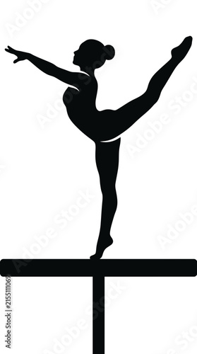 Silhouette of a female gymnast performing a balance beam routine.