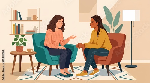 Two women talking in a cozy living room during a counseling or therapy session.