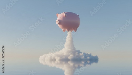 Pink piggy bank launching into the sky with a rocket's fiery exhaust, symbolizing financial growth and investment.