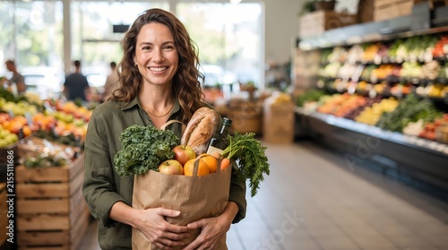 A cheerful young woman carrying a paper grocery sack filled with various fresh food items smiles happily while standing inside a vibrant local market aisle surrounded by abundant produce