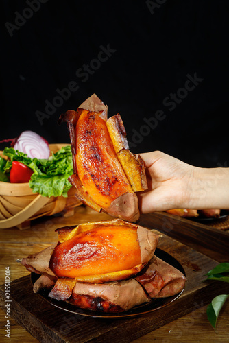 Baked Sweet Potato with Honey Glaze - Healthy Comfort Food on Rustic Wooden Board