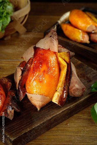 Baked Sweet Potatoes from Shandong - Golden Roasted Yummy Main Dish on Wooden Board