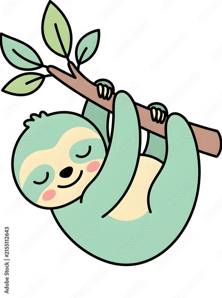 Obraz premium Cute cartoon sloth hanging from tree branch illustration with illustration wildlife sleeping