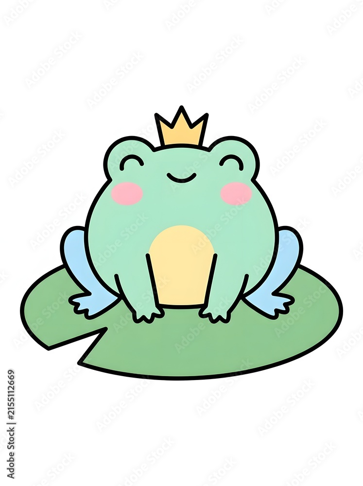 Fototapeta premium Cute cartoon frog wearing a golden crown on lily pad with character amphibian illustration
