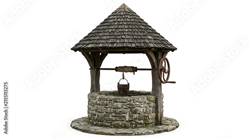 Old rustic stone water well with a wooden roof and a metal bucket isolated on white background
