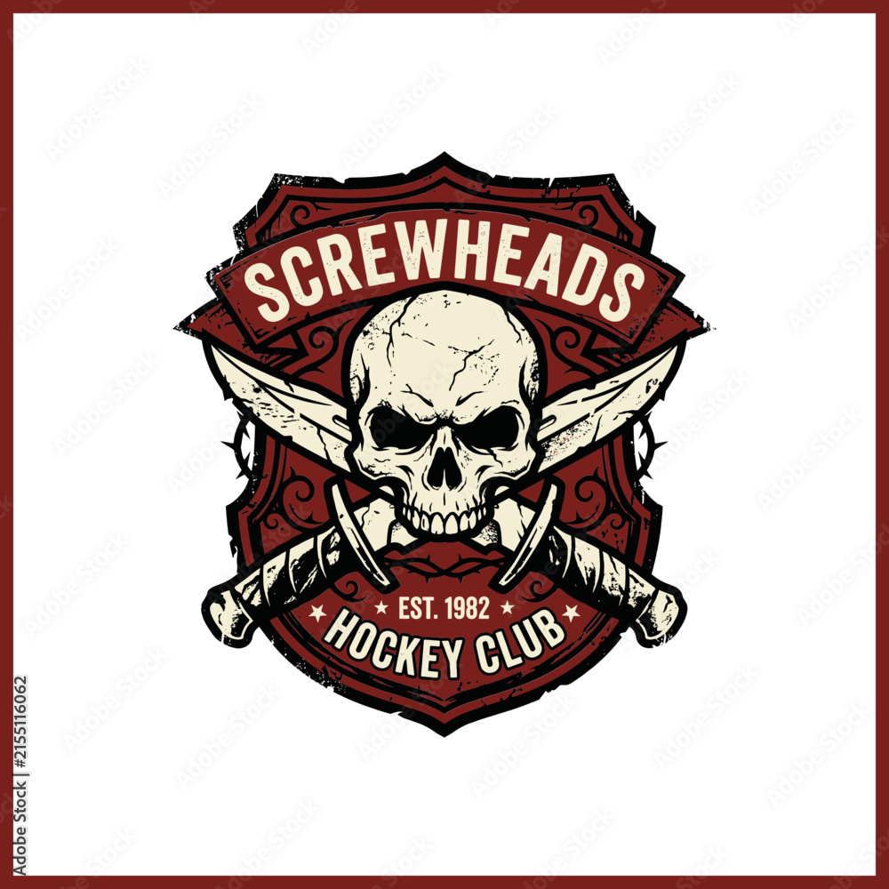 Fototapeta premium Screwheads Hockey Club Skull and Crossed Daggers Crest Logo