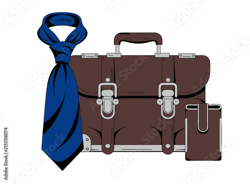 Set of business accessories including a blue necktie, a brown leather briefcase, and a small wallet