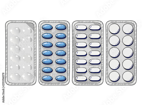 Set of four different blister packs with pills