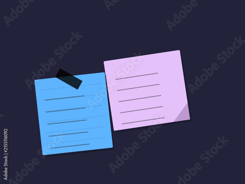 Two sticky notes with lines, one blue and one purple, attached with a piece of tape, vector illustration on a dark background