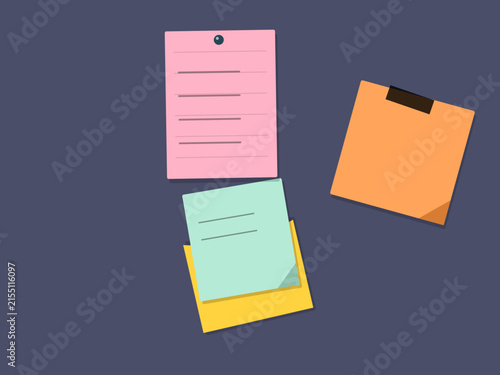 Flat vector illustration of colorful sticky notes on a dark background for office organization and task management