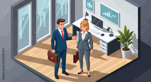 Two business professionals walking together in modern office corridor.