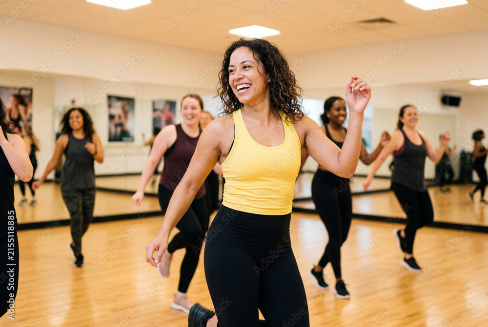 Fototapeta premium Smiling young woman leading an energetic group dance class in a bright studio