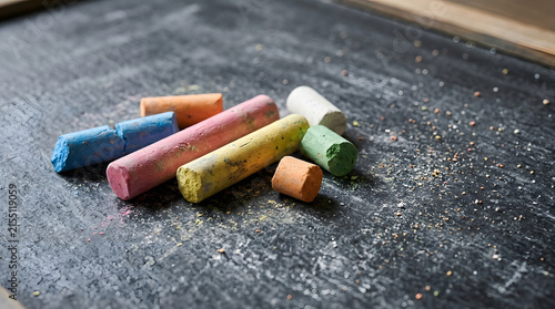Colorful chalk sticks scattered on dark blackboard surface