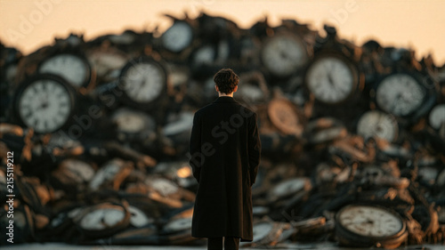 Time Passing Concept with Man Standing Before Pile of Old Clocks at Sunset