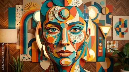 Abstract portrait of a woman with colorful geometric shapes and layers in a modern interior.