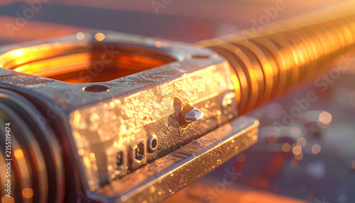 Futuristic Mechanical Device: Extreme close-up of a complex, industrial-looking metallic device with glowing amber fluid, suggesting advanced technology or a powerful energy source.