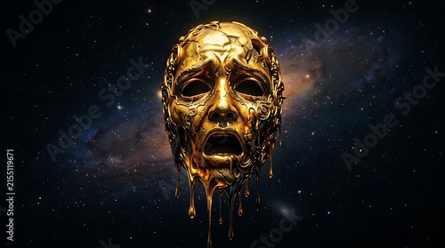 Surreal golden mask with a melting face floating in deep space.