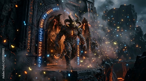 A powerful demonic creature emerging from a glowing ancient stone portal in a dark fantasy landscape.