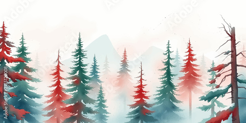 Snow Covered Christmas Tree with Red Ribbon in Winter Forest, Festive Xmas Holiday Landscape with Fir Trees, Snowflakes and Cold Nature Scene for Christmas Card and New Year Celebration