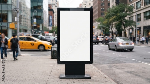 Blank vertical billboard mockup standing on a busy new york city street with yellow taxis and pedestrians