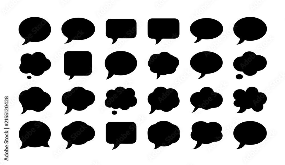 Fototapeta premium Collection of diverse black speech bubble icons and thought clouds for communication design and interface.