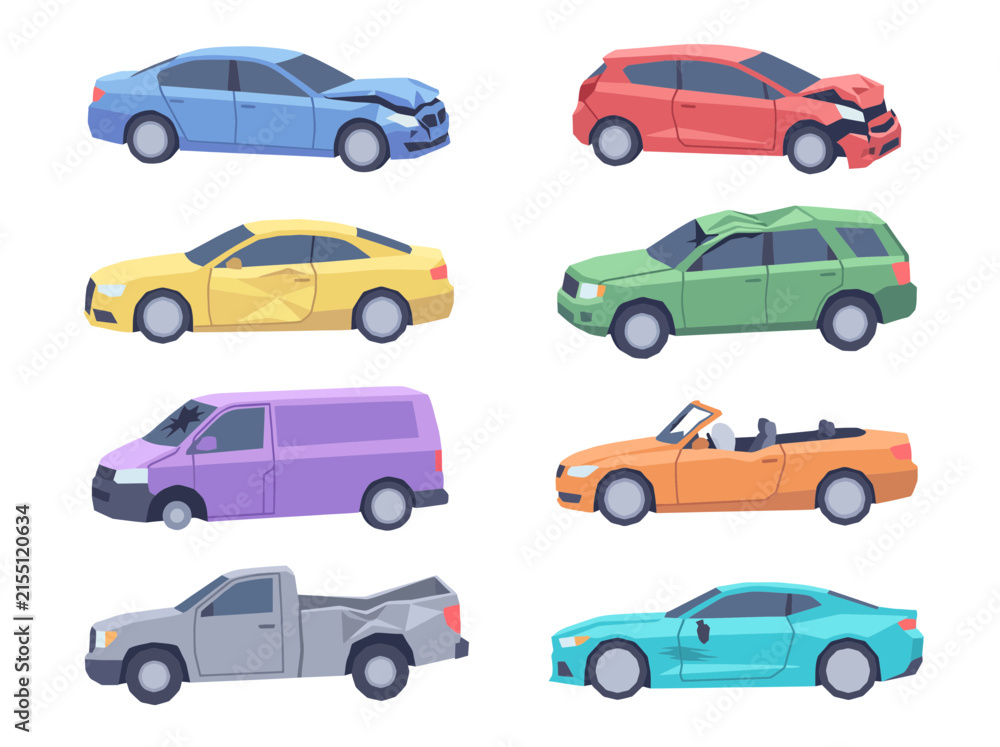 Fototapeta premium Set of various damaged and crashed vehicles in flat vector illustration style.
