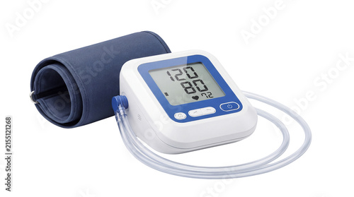 Digital blood pressure monitor with arm cuff, automatic sphygmomanometer for home healthcare, medical diagnostic equipment on white background