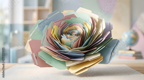 Colorful paper file folders arranged in spiral rose shape