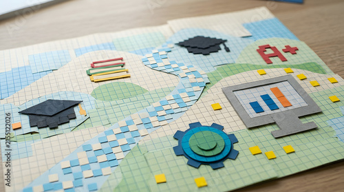 Paper craft education concept with academic icons on grid
