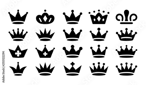 Set of twenty simple black crown icons in various styles, ideal for king or queen symbols and royalty design.