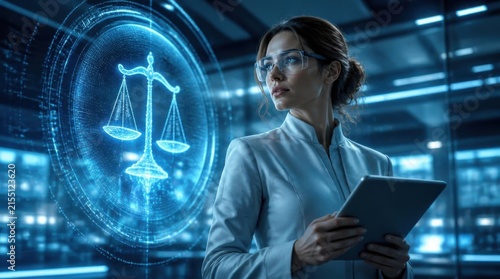 Professional Woman in Lab Coat Analyzing Legal Tech Data