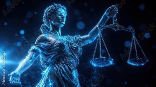 Blue Glowing Lady Justice Holding Scales in Digital Style