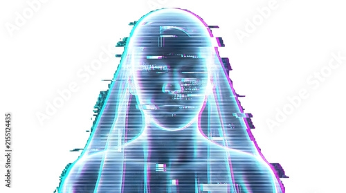 Digital glitch hologram of a woman wearing a veil.