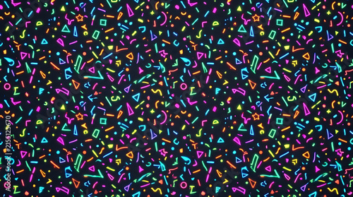 Retro 80s style seamless pattern with colorful neon geometric shapes and confetti on dark background neon colors vintage pattern abstract pattern neon glow