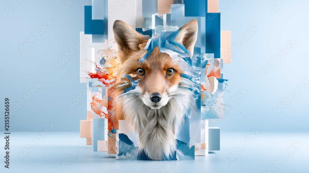 Naklejka premium Realistic fox face emerging through colorful abstract geometric shapes with paint splash effect