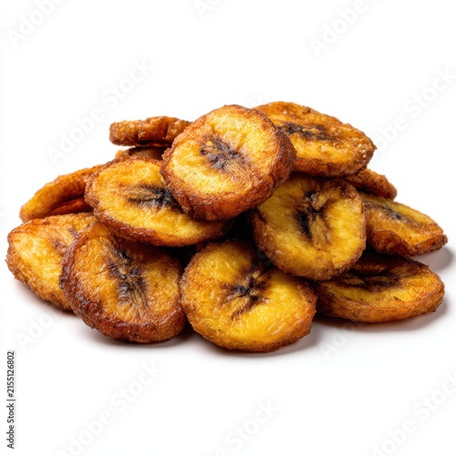 Delicious Golden Brown Fried Plantain Slices or Sweet Banana Chips Isolated on White Background