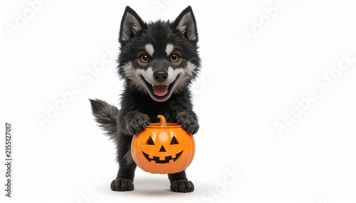 Cute black wolf puppy holding a carved Halloween pumpkin.