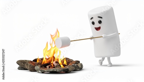 Cute Cartoon Marshmallow Character Roasting Another Marshmallow Over a Campfire.