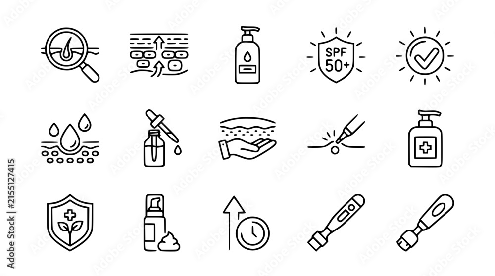 Fototapeta premium Skincare Icons Set: Sun Protection, Hydration, Anti-Aging, Beauty Treatments