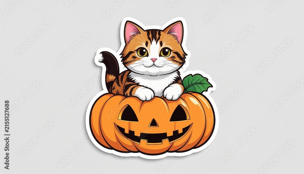 Fototapeta premium Cute tabby cat sitting inside a carved Halloween pumpkin jack o lantern.