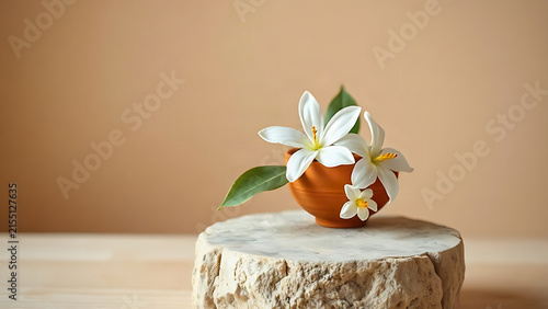 Jasmine blossom on stone block with terracotta bowl of flowers, premium still life concept
