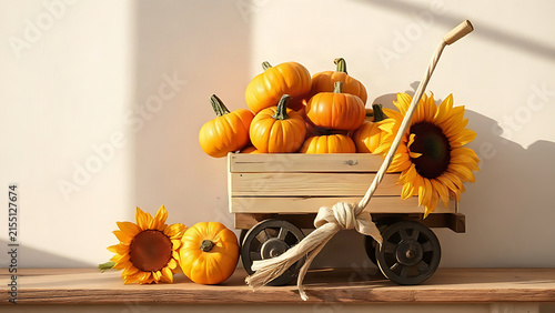 Rustic autumn mantel display with wagon of mini pumpkins, dried sunflower, hay bale, warm afternoon