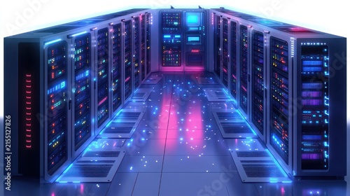 Futuristic data center aisle with rows of glowing server racks, neon blue and purple LED indicators, reflective tiled floor and scattered light particles, sleek high-tech atmosphere