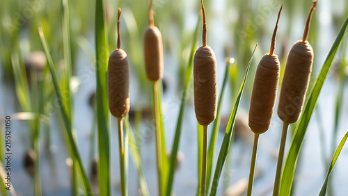 Brown bulrush heads on green stalks in shallow marsh water, narrow leaves, late afternoon sunlight, wetland nature concept